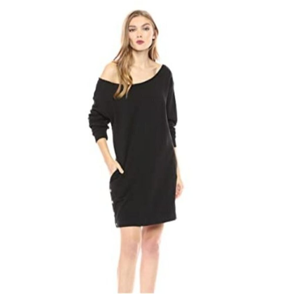 Hudson Womens Sweater Dress Black Size Large Off The Shoulder Snap Side Cotton